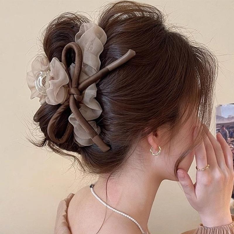 New Mesh Tulle Large Bowknot Grab Clip Elegant Retro Female Ponytail Braid Claw Clip Hair Accessories Gift Headdress