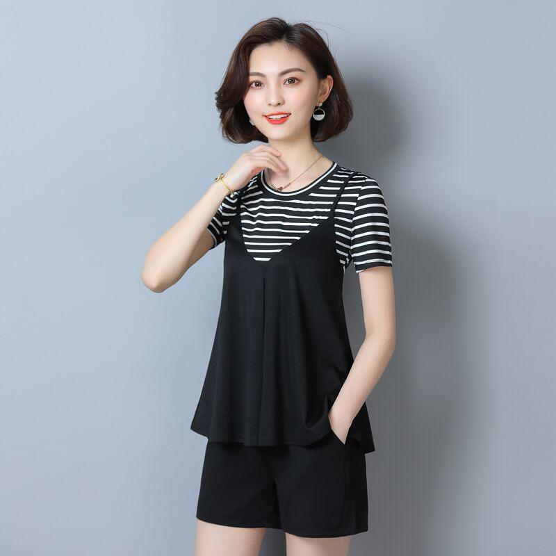 Summer Trend Striped T Short-sleeved Plus Size Women's Fat Mm Belly-covering Fashion Loose Shorts Two-piece Set