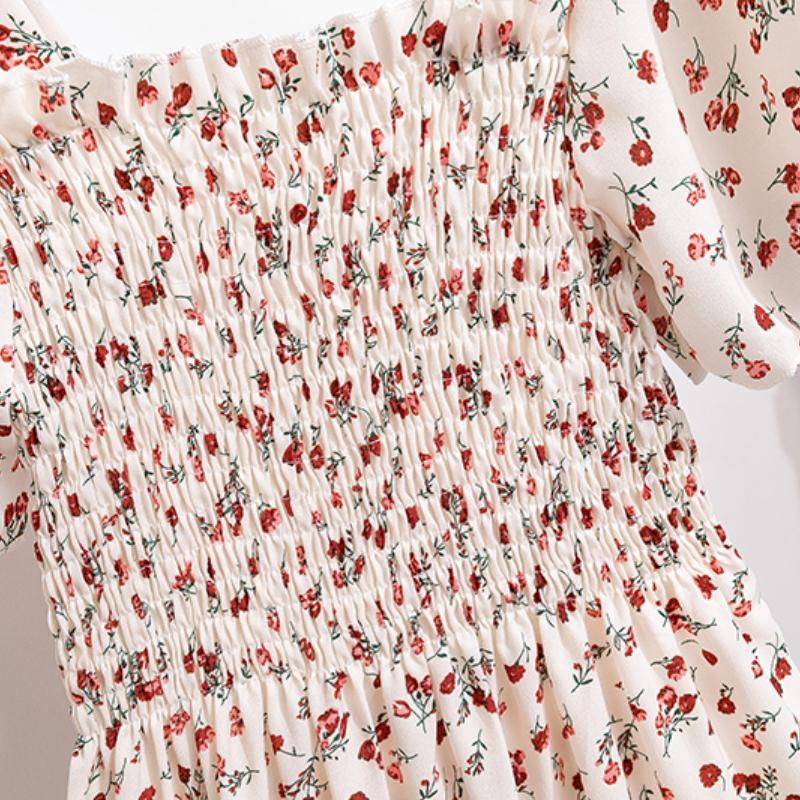 Chiffon Dress Women Dresses Female Short Sleeve Elastic Waist Printed Floral Pleated Backless Casual Dress