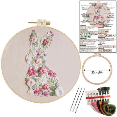 1pc Rabbit and Flower Pattern Embroidery DIY Fabric Craft Kit with Tools