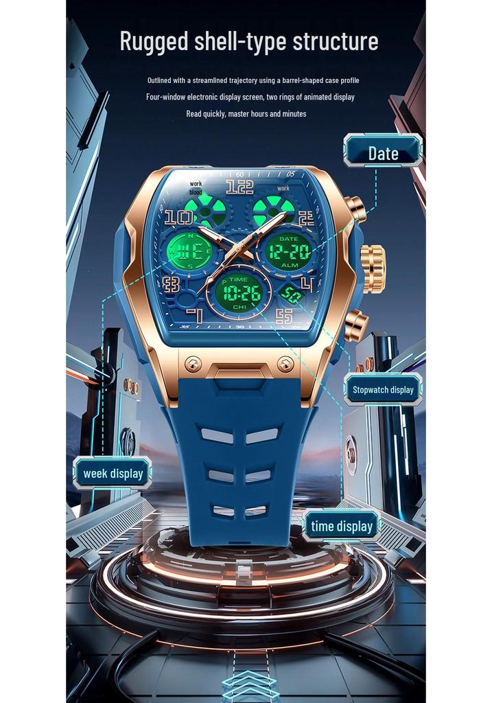 Sanda Dual Display Waterproof Barrel-Shaped Electronic Watch with Alarm for Students and Parties