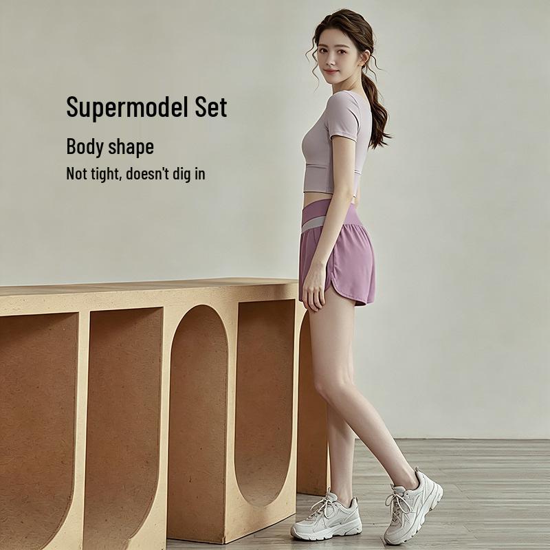 Premium Women's Color Block Sportswear Set - Short Sleeve Top & High-Waist Shorts, Yoga & Pilates Two-Piece Outfit