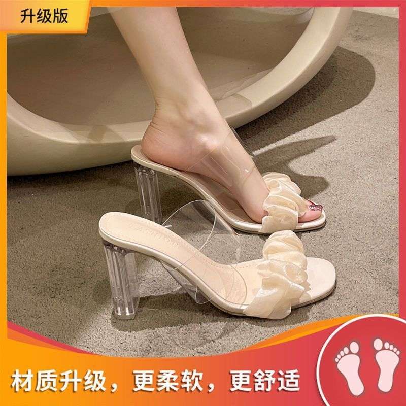 Sandals Women's Outer Wear Summer New 2025 Crystal Transparent Thick Heel French Sandals Slippers Summer High Heels Women