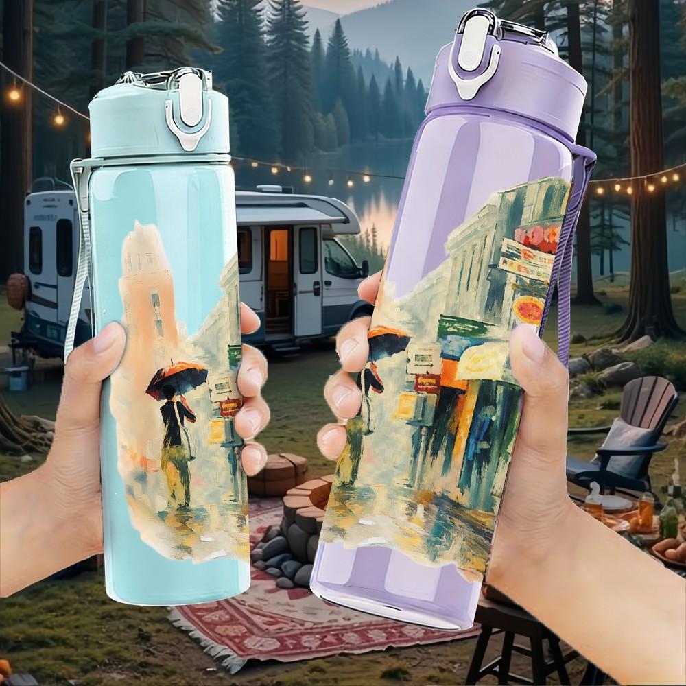 1PC Vintage House Building Art Print 750ml Color Plastic Sports Water Bottle Leakproof Flip Straw Lid Suitable for Sports Office Home Use
