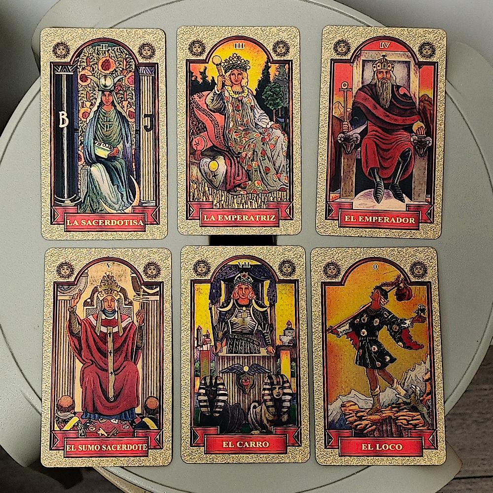 Zlatý Waite Tarot španělský jazyk Español 78 ks tarotových karet kapesní edice 10,3*6cm