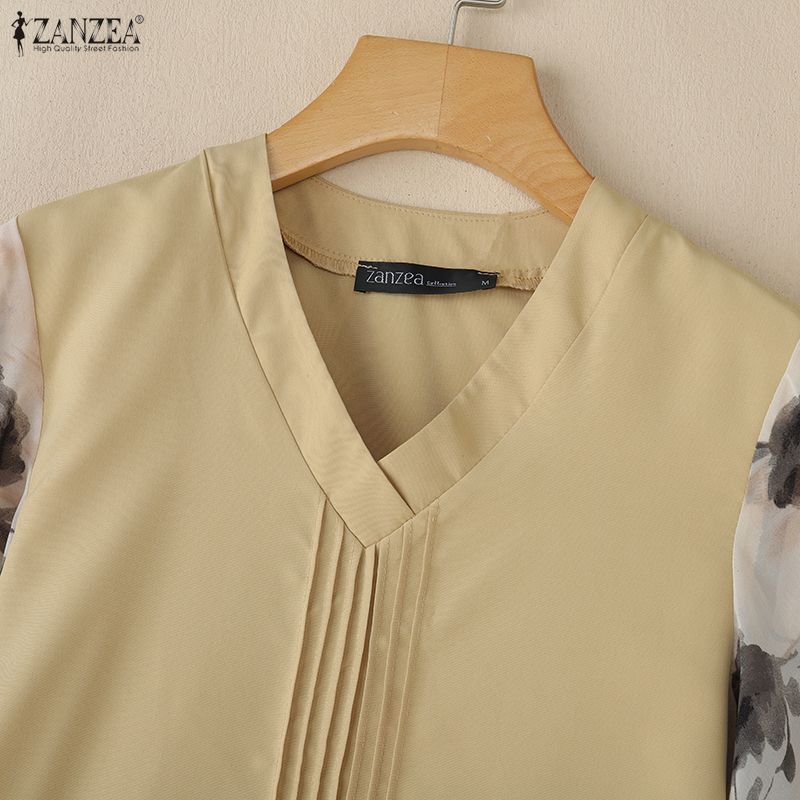 ZANZEA Women Round Neck Loose Casual Splice 3/4 Sleeve Blouse