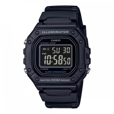Casio Square Digital W-218H-1B All Black Watch Men Women Kids Middle School High School Students Thin Lightweight Waterproof
