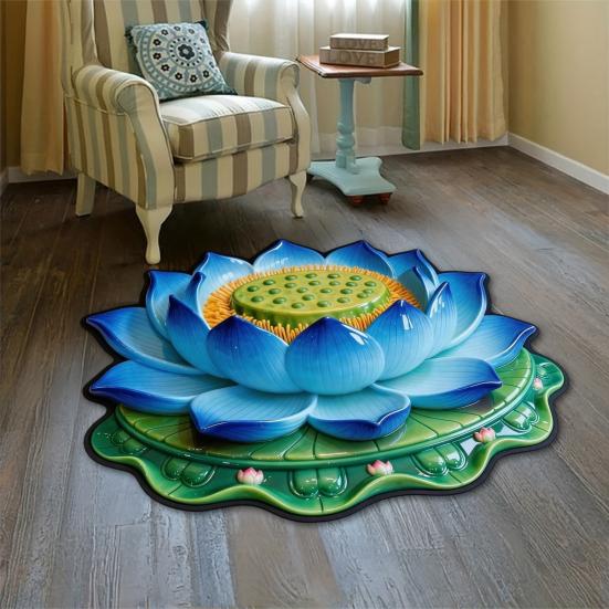 3D Lotos Fußmatte Realistische Blume Wohnzimmerteppich Waschbar Rutschfeste Teppich für Zuhause Meditationsraum Schlafzimmer Dekoration