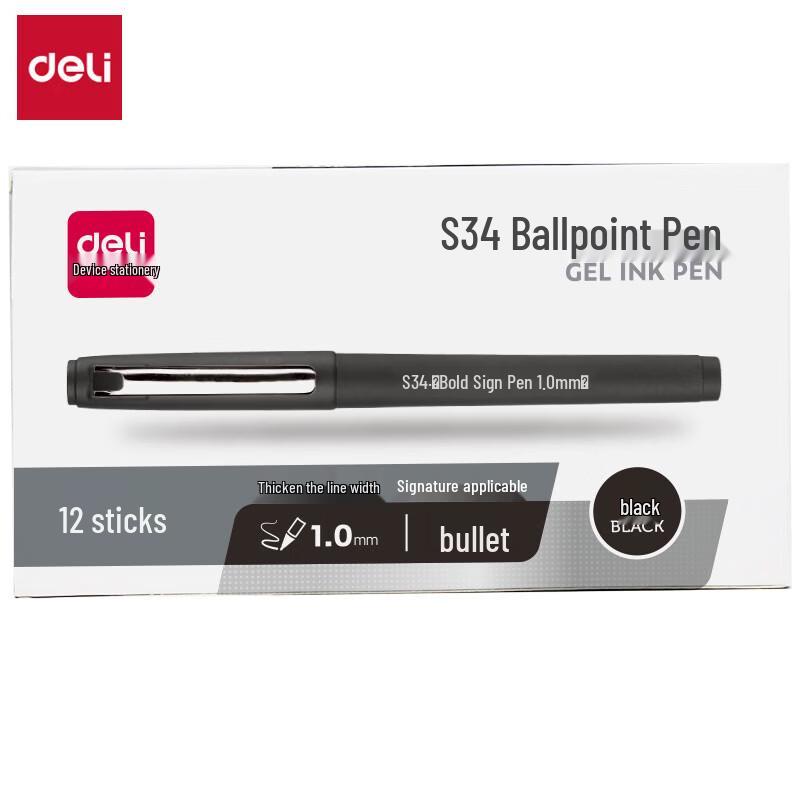 Deli S34 1.0mm Gel Pens, Black (12-Count)