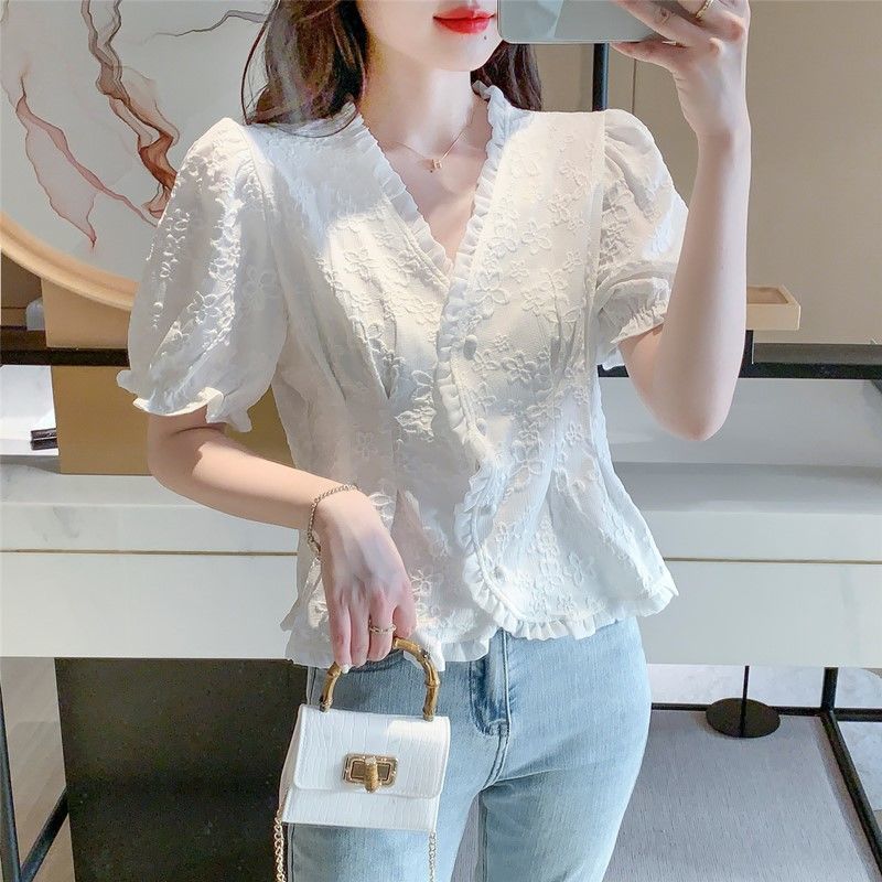 Chiffon Shirt for Women's Design Niche Ruffle Short Sleeves Temperament Commute Leisure