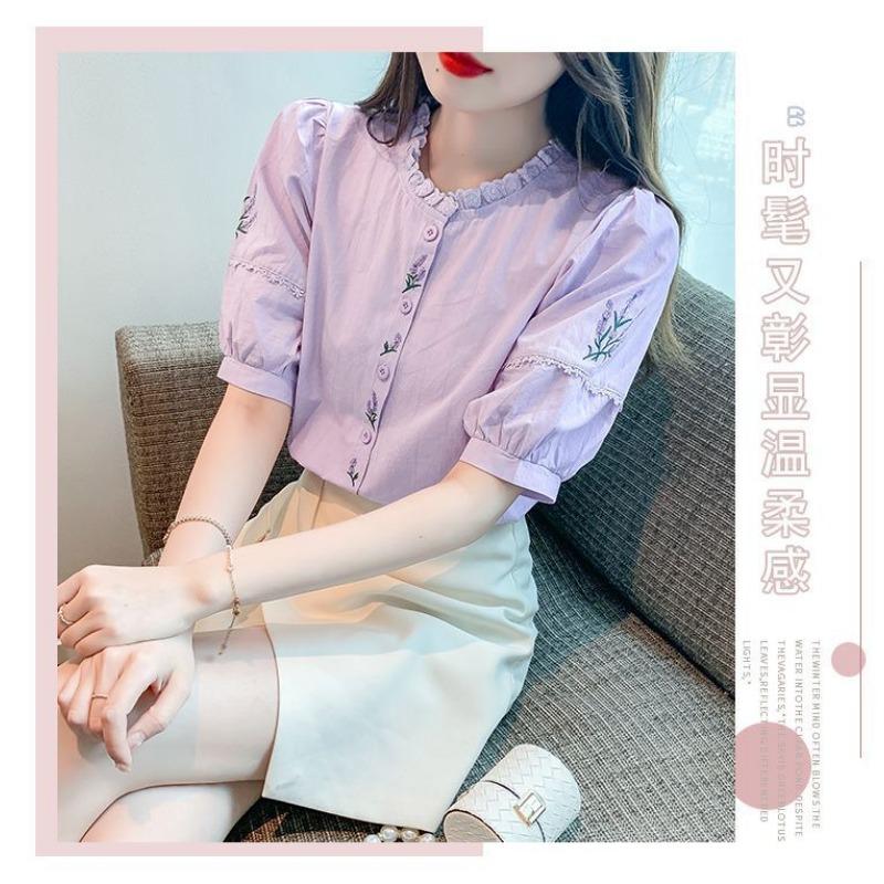 Summer New Women's Fashionable Age-reducing Embroidered Cotton Shirt Women's Fashionable Cotton Puff Sleeve Loose Top
