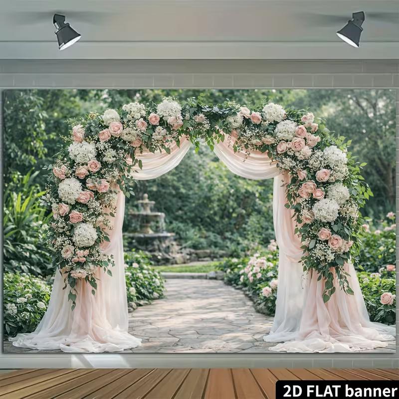 2D Romantic Floral Wedding Tapestry, Blush Pink Arch Garden Background