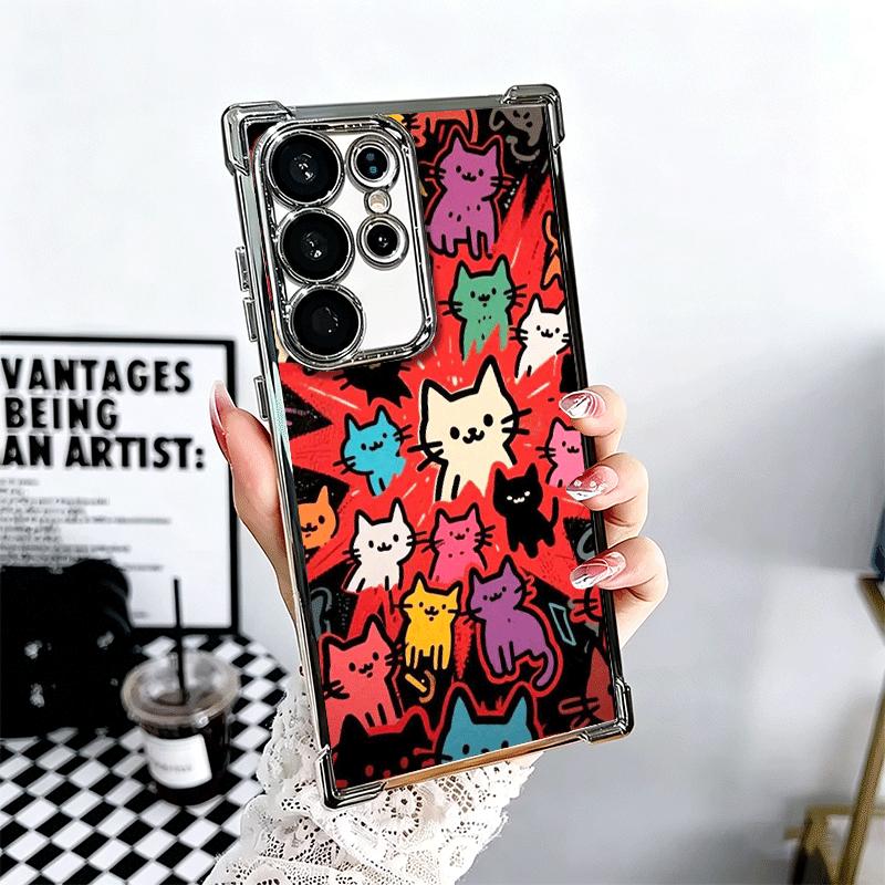 Cartoon Cute Cats Theme Plating Phone Case For Samsung Galaxy S24 S25 FE S26 Edge S23 Ultra S22 S21 Plus S20 Anti-Fall Airabag C