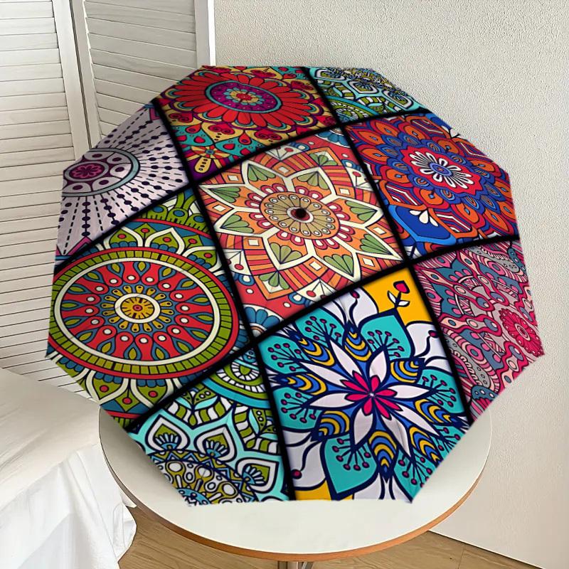 1PC Mandala PatternsAutomatic Open/Close Umbrella with Windproof, 8-Rib Sturdy Canopy, Durable Ribs, Fashionable Design, Outdoor Accessory, Fun Prin,