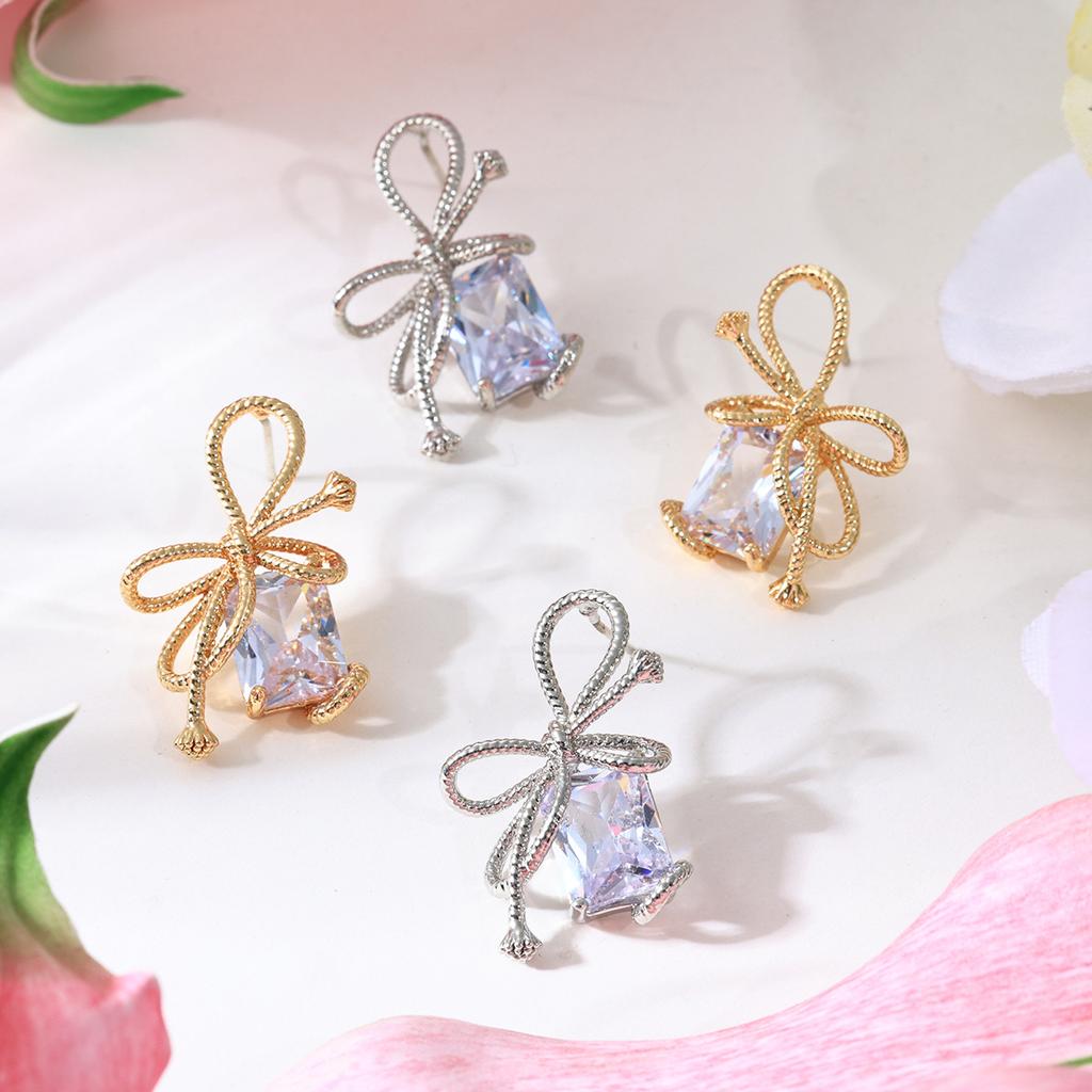 Popular ins super fairy design rope big gem pendant bow copper stud earrings spring and summer tide