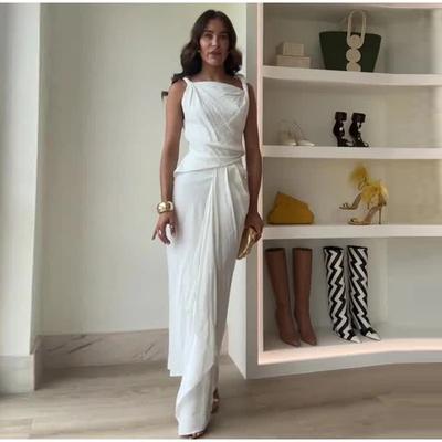 Elegant Ruffle Side Split Women Dress White Sleeveless Pleated Party All-match Female Long Dresses Summer Lady Robe