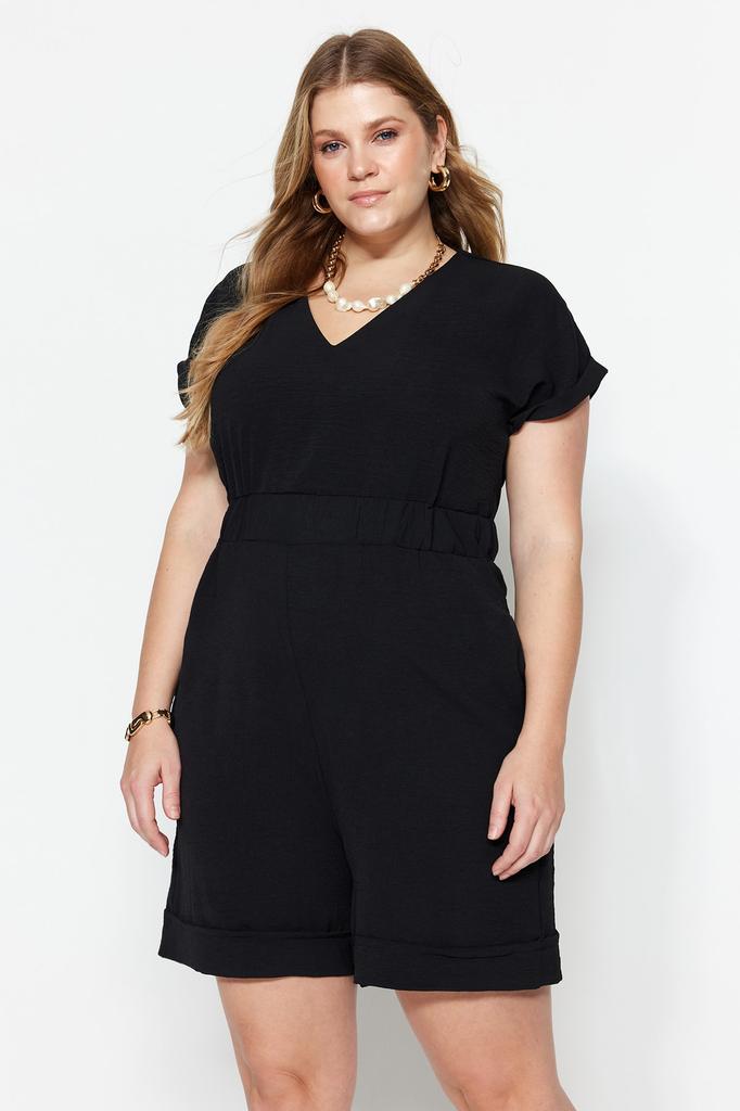 Women's Fashion New Big Size Jumpsuit Black Woven V-Neck Jumpsuit