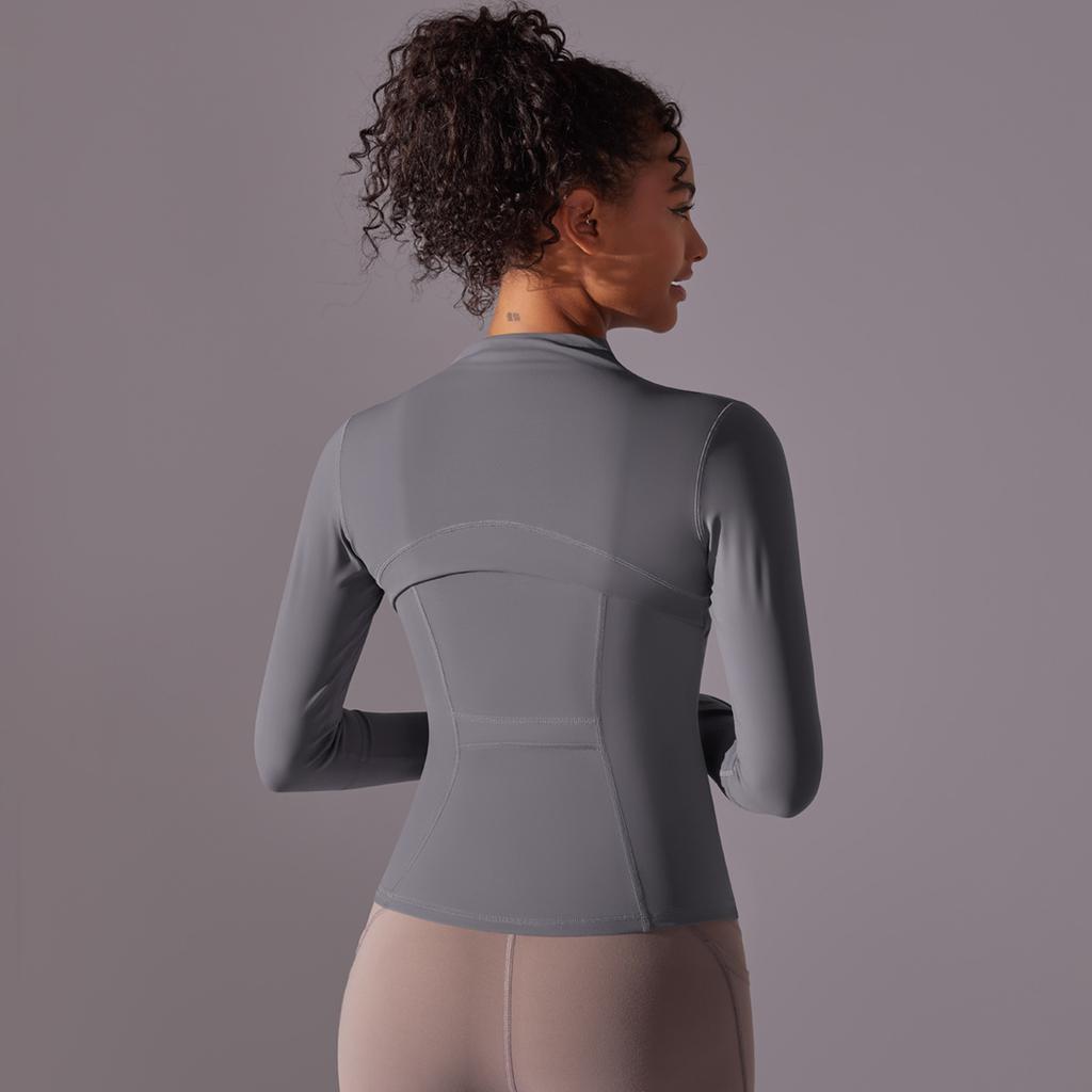 Ny dobbeltsidig nylonbørstet sportsjakke med glidelås og ståkrage for yoga, sport, løping og fitness, langermet topp for kvinner