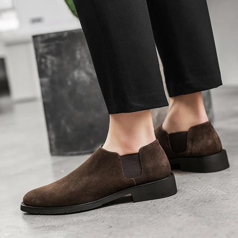 New Men Genuine Suede Leather Casual Shoes Pointed Toe Chelsea Shoes Young Man Street Cool Slip-on Loafer