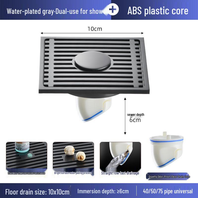 Gunmetal Gray 304 Stainless Steel Odor-Resistant Floor Drain with Copper Core for Shower & Washing Machine.