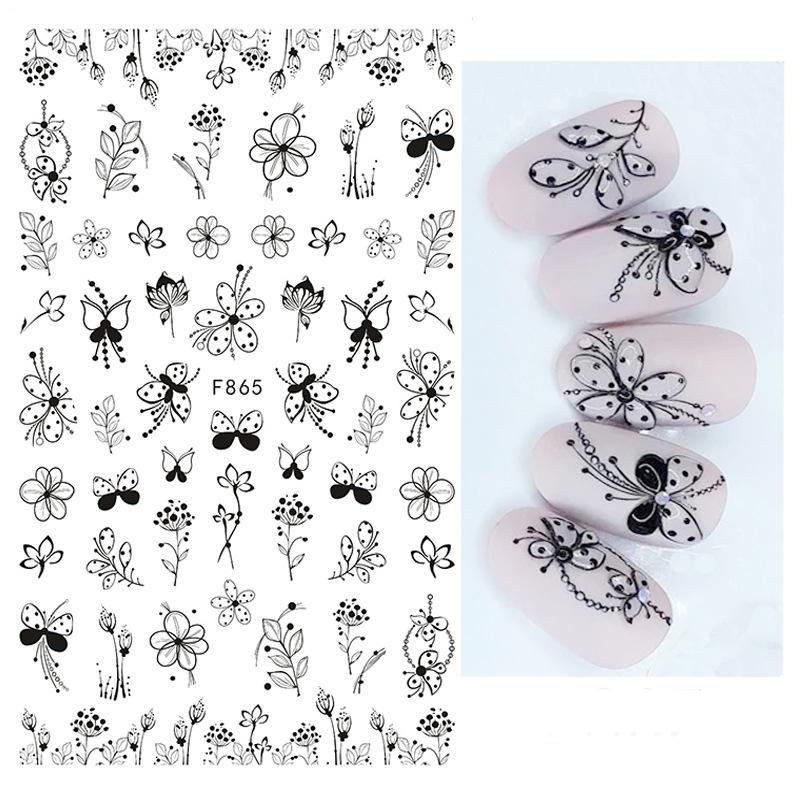 1PCS Black White Butterfly Laser Nail Stickers Nail Art Decoration Abstract Lines Bronzing Flowers Stickers For Nails