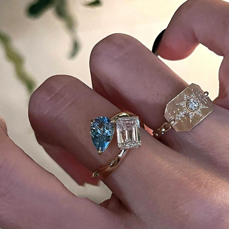 Fresh Classic Aquamarine Droplet Fashion Light Luxury Silver Square Opening Adjustable Rings for Women Wedding