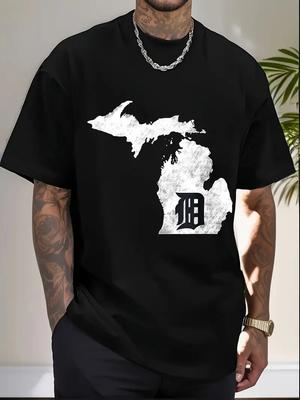 Detroit ''D'' Fäustling Grafik T-Shirt - 100% Baumwolle, Herren Casual Kurzarm T-Shirt