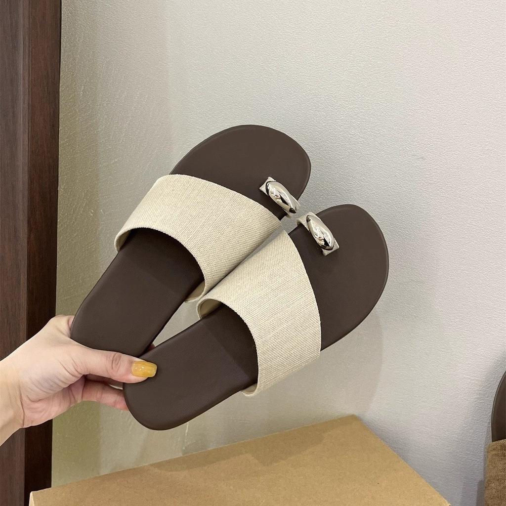 Set of Toe Slippers Outer Wear Summer New Korean Version Linen Vacation Style Retro Sandals Soft Flat Beach Sandals