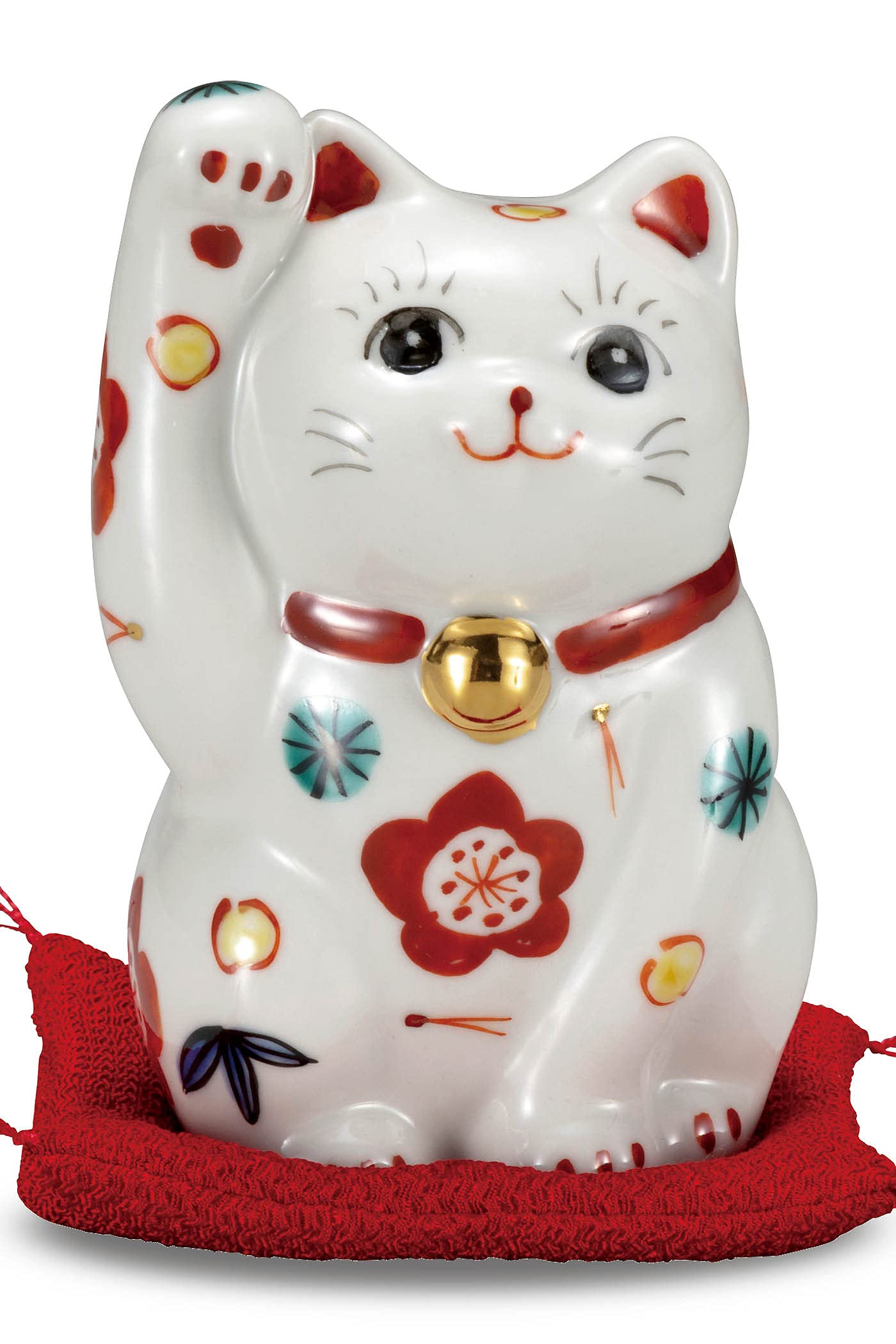 

Stylish Kutani ware lucky charm figurine featuring a right-handed beckoning cat and pine, bamboo, and plum design from Waza no Kura. Perfect for celeb