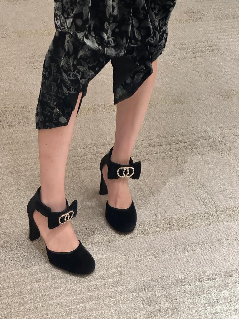 Xiaoxiangfeng Rhinestone Leather Thick Heel High Heels Women's Bow Velcro Mary Jane Single Shoes Ladyshoes