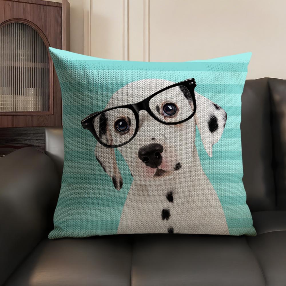Dalmatian Dog With Glasses Cushion Cover Linen Organic Fabric DoubleSided Printing Sofa Breathable Home Decor Gift Pillow Case