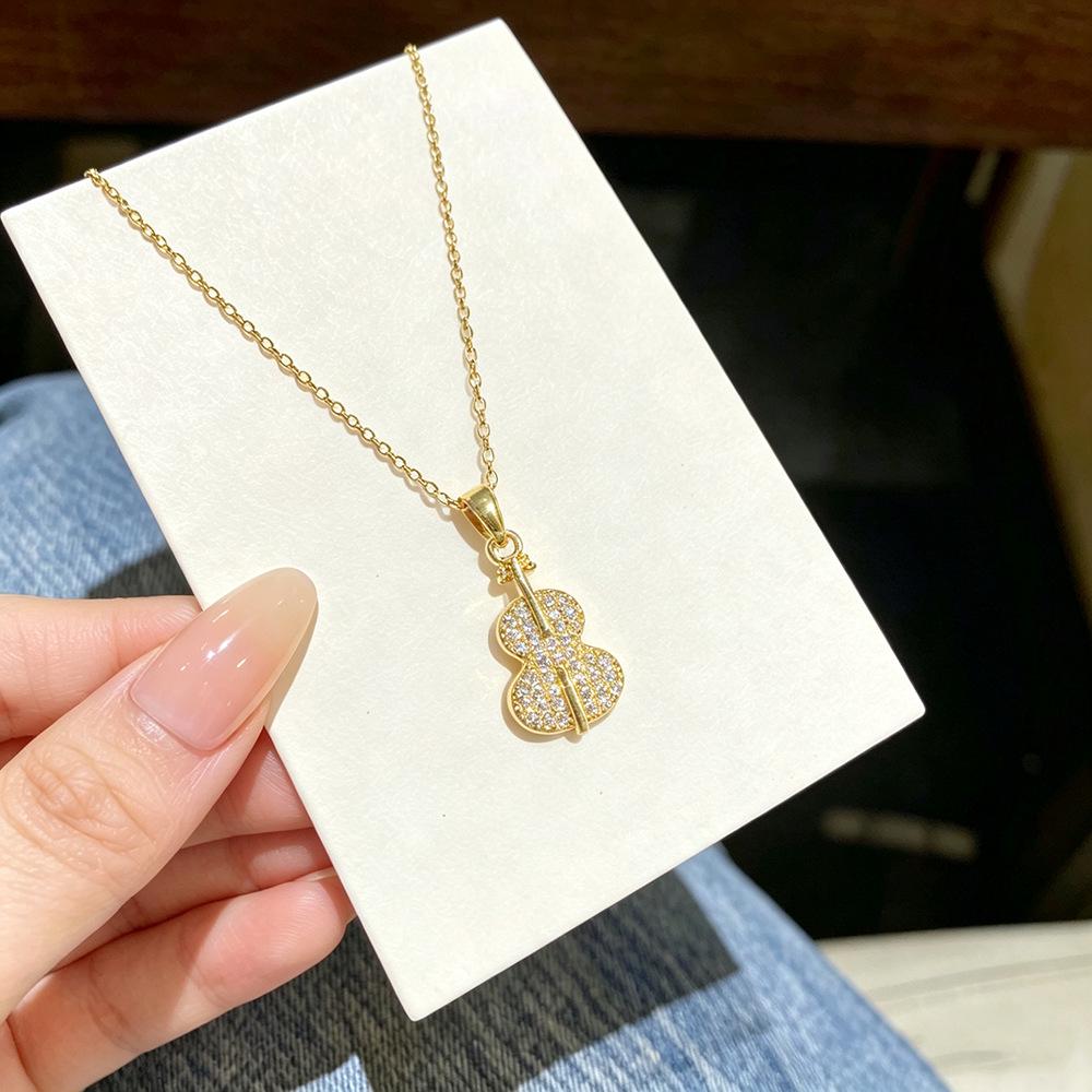 Elegant Titanium Steel Violin Necklace for Women with Zircon Stones - Versatile Fashion Jewelry