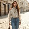 Skin Friendly Shirts Women Fall Cold Shoulder Shirt, Vintage Ethnic Print High Collar Blouse, Casual Ruffle Lantern Sleeve Top Ladies