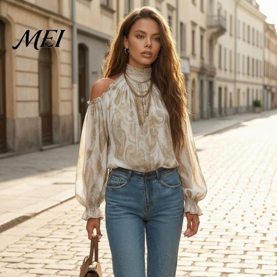 Skin Friendly Shirts Women Fall Cold Shoulder Shirt, Vintage Ethnic Print High Collar Blouse, Casual Ruffle Lantern Sleeve Top Ladies