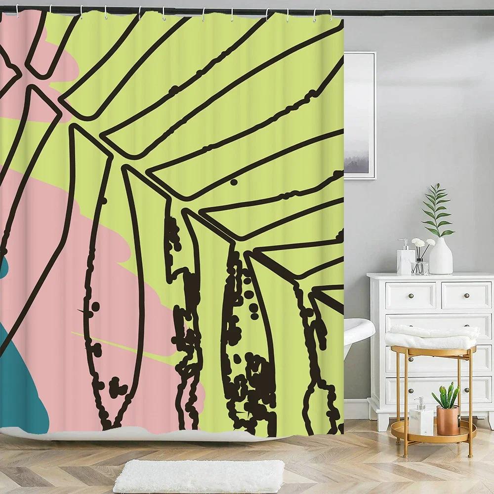Abstract Art Shower Curtain Cartoon Green Plant Leaves 3D Print Funny Pattern Bath Screen Waterproof Polyester Screen Decor
