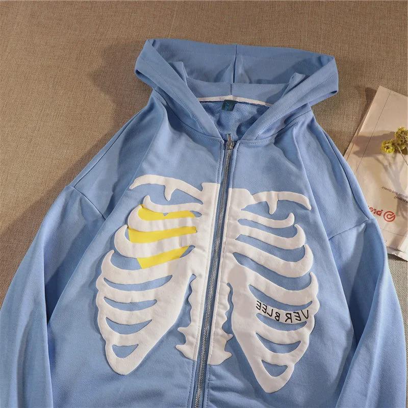 Women's Loose Skull Print Hooded Cardigan Sweatshirt with Zipper - Autumn/Winter Trendy Long-Sleeved Jacket
