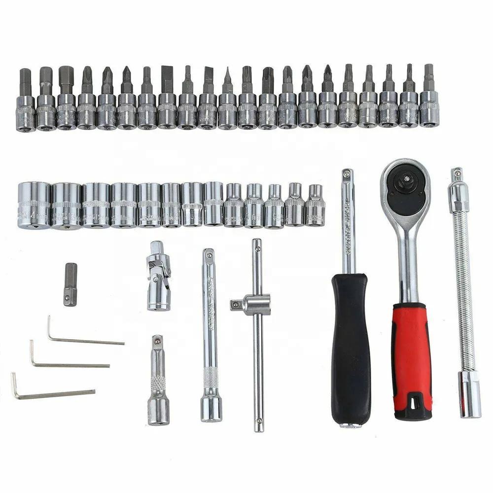 46/53PCS 1/4 Inch Drive Metric Socket Ratchet Wrench Set Extension Bar Hand Operated OEM Carbon Steel Tool Box Set Hard Case