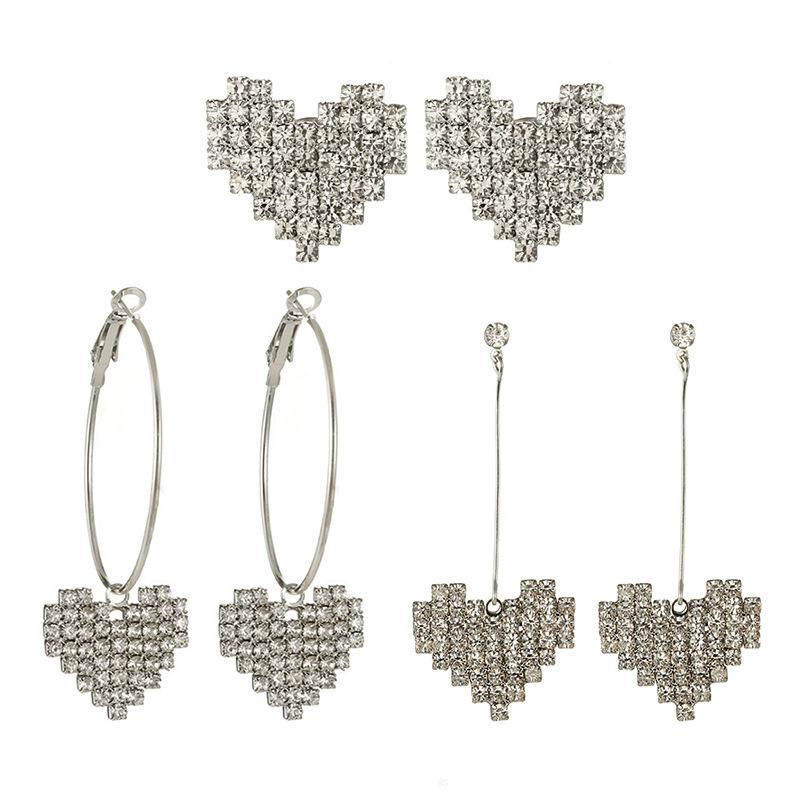 Korean Temperament Versatile Rhinestone Heart Long Section Earings Jewelry Personality Statement Earrings For Women