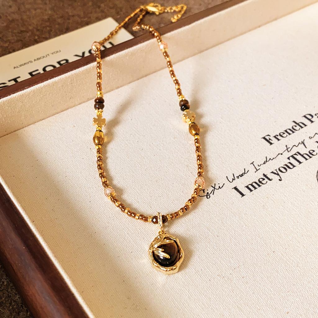 Real Gold Electroplated Tiger's Eye Stone Pendant Necklace Maillard Retro Temperament Versatile Collarbone Chain Necklace