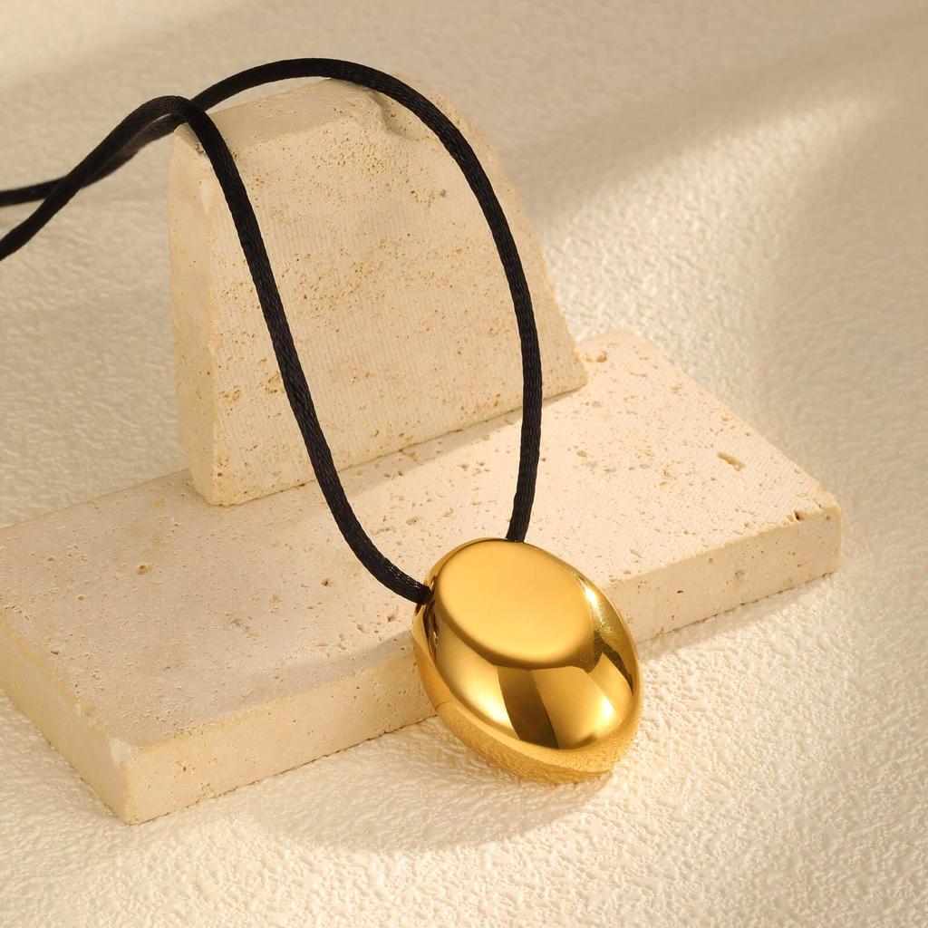 Stainless Steel Geometric Oval Necklace for Women, Adjustable Long Black Cord Metal Pendant Necklace Waterproof Jewelry