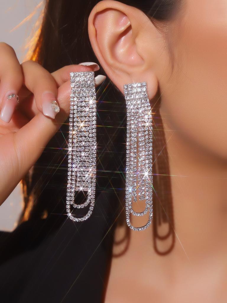 High-end sparkling rhinestones Long fringed earrings, slightly zircon earrings, copper earrings