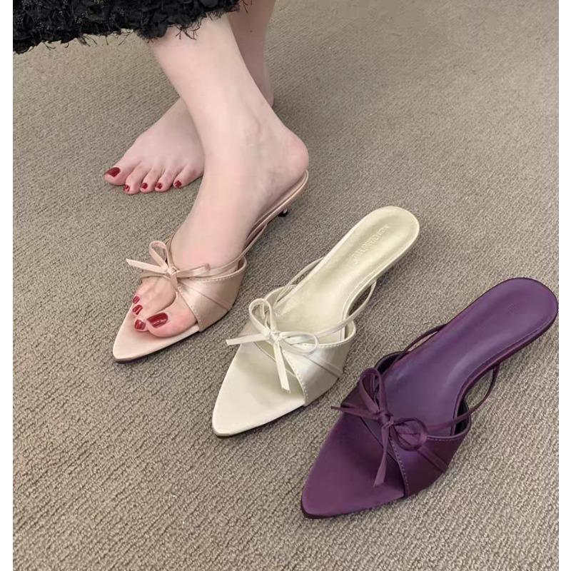 Female Pointed Toe Ladies Low Heel Pumps Shoes Slip On Footwear Shallow Butterfly-Knot Women Thin Heel Shoes Slides