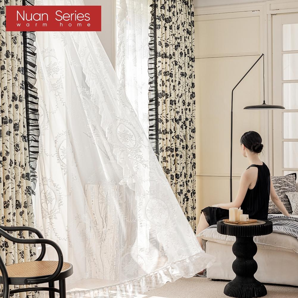 1 Stück, 70–80 % Verdunkelung, romantischer französischer Rosendruck, gerüschte, bequeme Vorhänge für Schlafzimmer, Wohnzimmer, Heimdekoration, Nuan-Serie