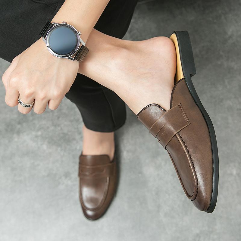 Fashion Men's Breathable Leather Mules Slip-On Driving Shoes Casual Summer Sandals Lightweight Comfortable Loafers Outdoor Footwear