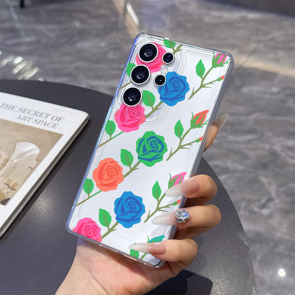 Bold Color Block Rose Pattern Case for Samsung Galaxy S26 S25 S24 S23 S22 S21 S20 FE Plus Soft TPU Slim Fit Shockproof Cover