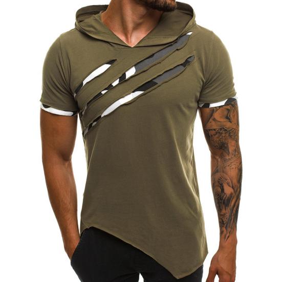 Men Causal Short Sleeve Ripped Irregular Hem Slim Blouse T-shirt Fitness Hoodie