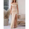 European and American Elegant Pleat off-Shoulder Dress Summer New Split Sexy Guest Dresses Slimming Slim Fit Hip Skirt