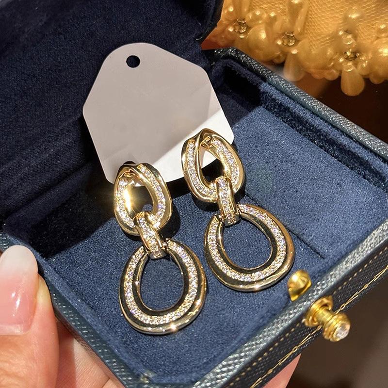 Double Link Cubic Zirconia Pendant Earrings, Oval Link Paving Crystal Pendant Women's Earrings, Luxury Jewelry Gifts