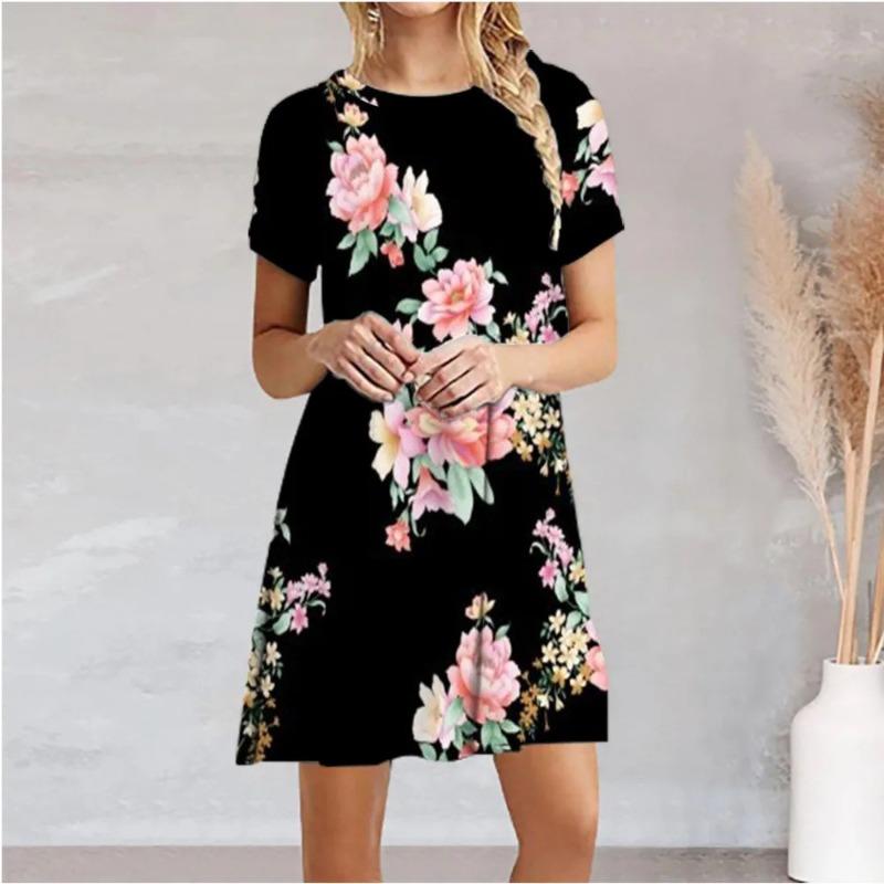 3D Printed Women's Loose O-Neck Pullover Dress Floral Print Comfortable Casual Short Sleeved Dress