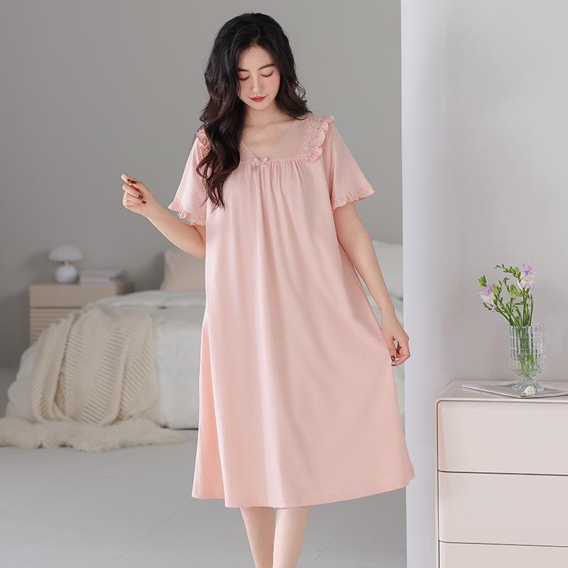 Women's Summer Court Style Lace Pajama Dress, Pure Cotton, Short Sleeve, Plus Size, Mid-Length, Wearable Outdoors, High-End Feel
